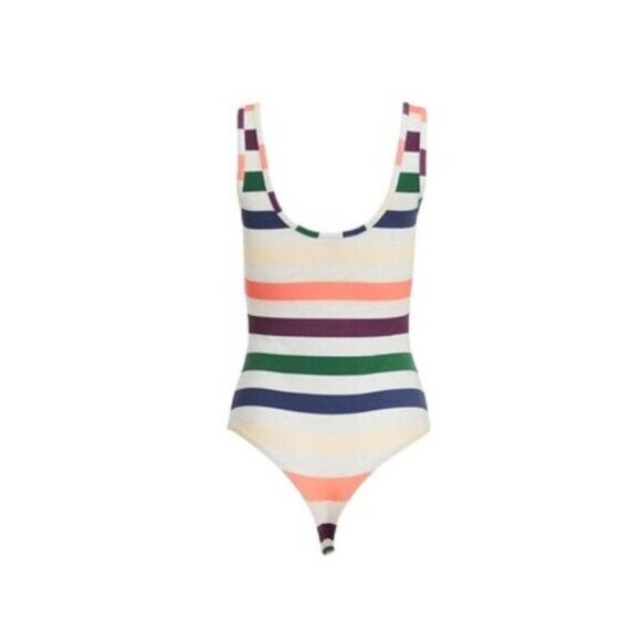 NWT Guess heather grey & multicolour stripe logo tank bodysuit XS - Picture 9 of 11